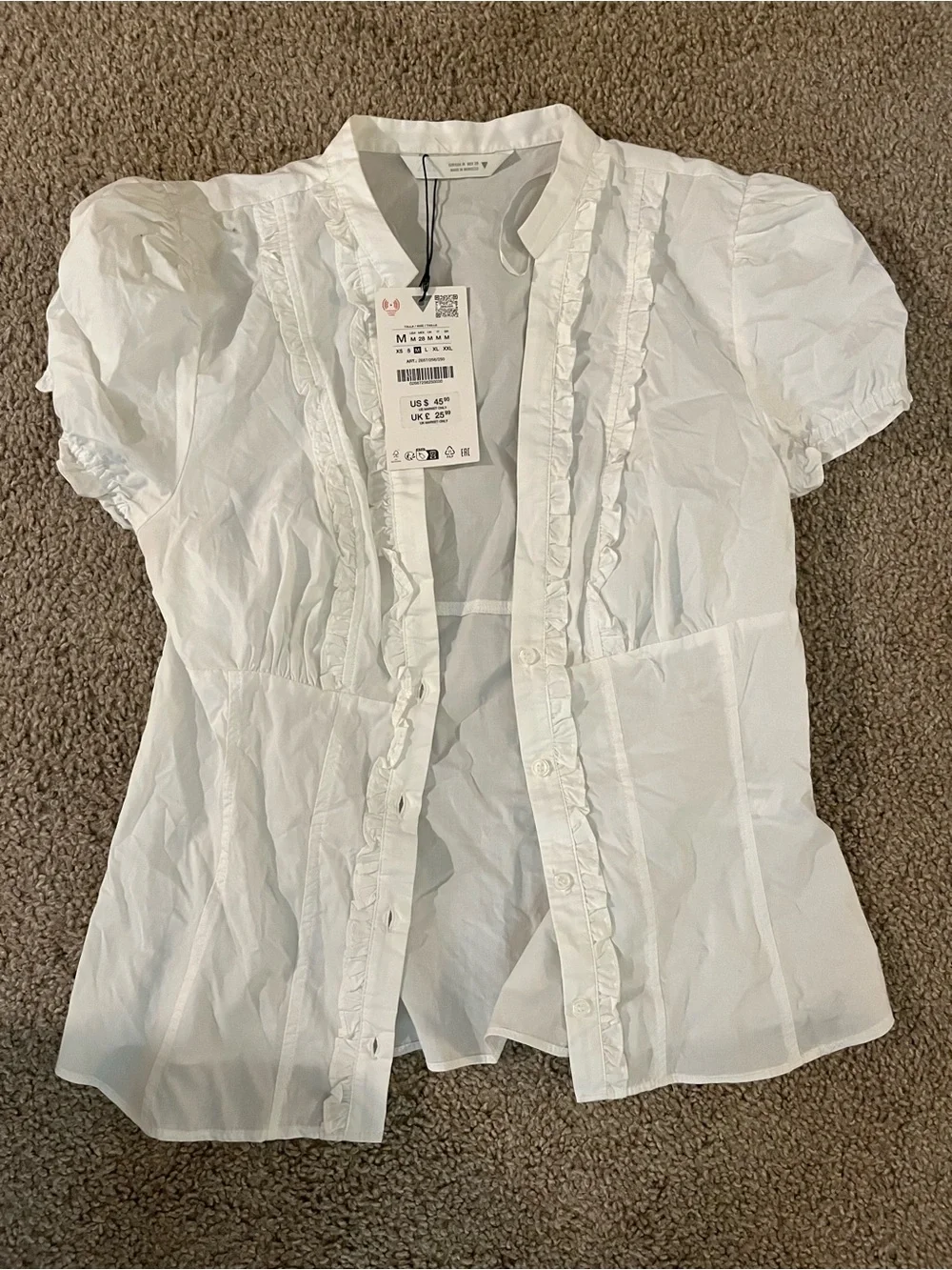 Zara White Ruffle-Trim Puff Sleeve Blouse